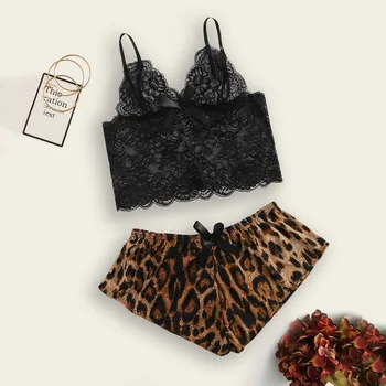 

Sexy Sleepwear Set Sling Sleepwear Lingerie Lace Leopard Print Underwear And Shorts Pajama Set Bayan Gecelikler Pajamas Sets