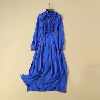 

VERDEJULIAY Ruway Blue Dress 2020 Spring Autumn New Fashion Full Sleeve Ruffles Pleated Split Long Elegant Party Dress