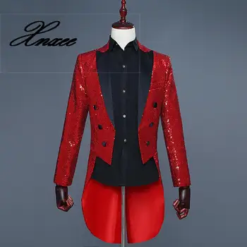 

Shiny Red Sequin Glitter Embellished Tuxedo Blazer Men Nightclub DJ Party Wedding Tailcoat Suits Mens Stage Singer Costume Homme