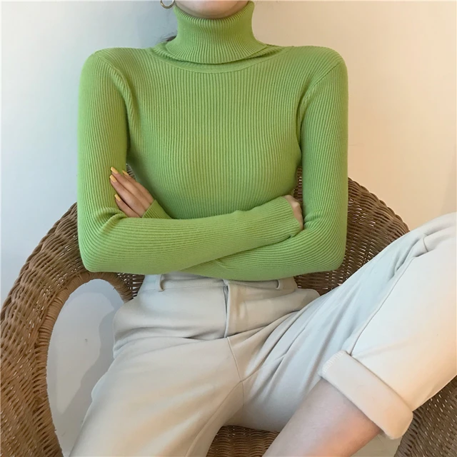 2022 Autumn Winter Thick Sweater Women Knitted Ribbed Pullover Sweater Long Sleeve Turtleneck Slim Jumper Soft Warm Pull Femme Fruit green