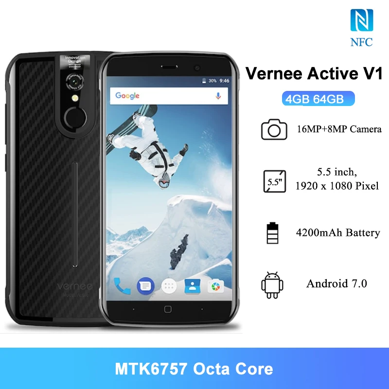 Vernee activo V1 IP68 impermeable resistente Smartphone NFC 5,5 "4GB Ram 64GB Rom MT6757 Octa Core 16.0MP 4200mAh Android 7,0 teléfono