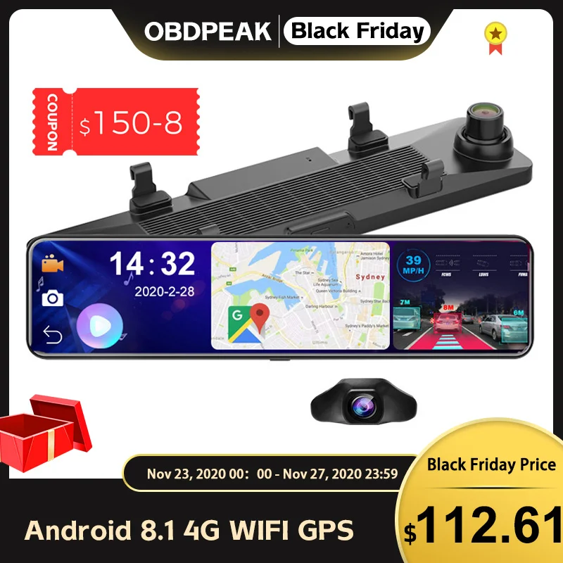 OBDPEAK D80 Android 8 1 Full HD 1080P 12 дюймов сенсорный IPS Автомобильный видеорегистратор с GPS
