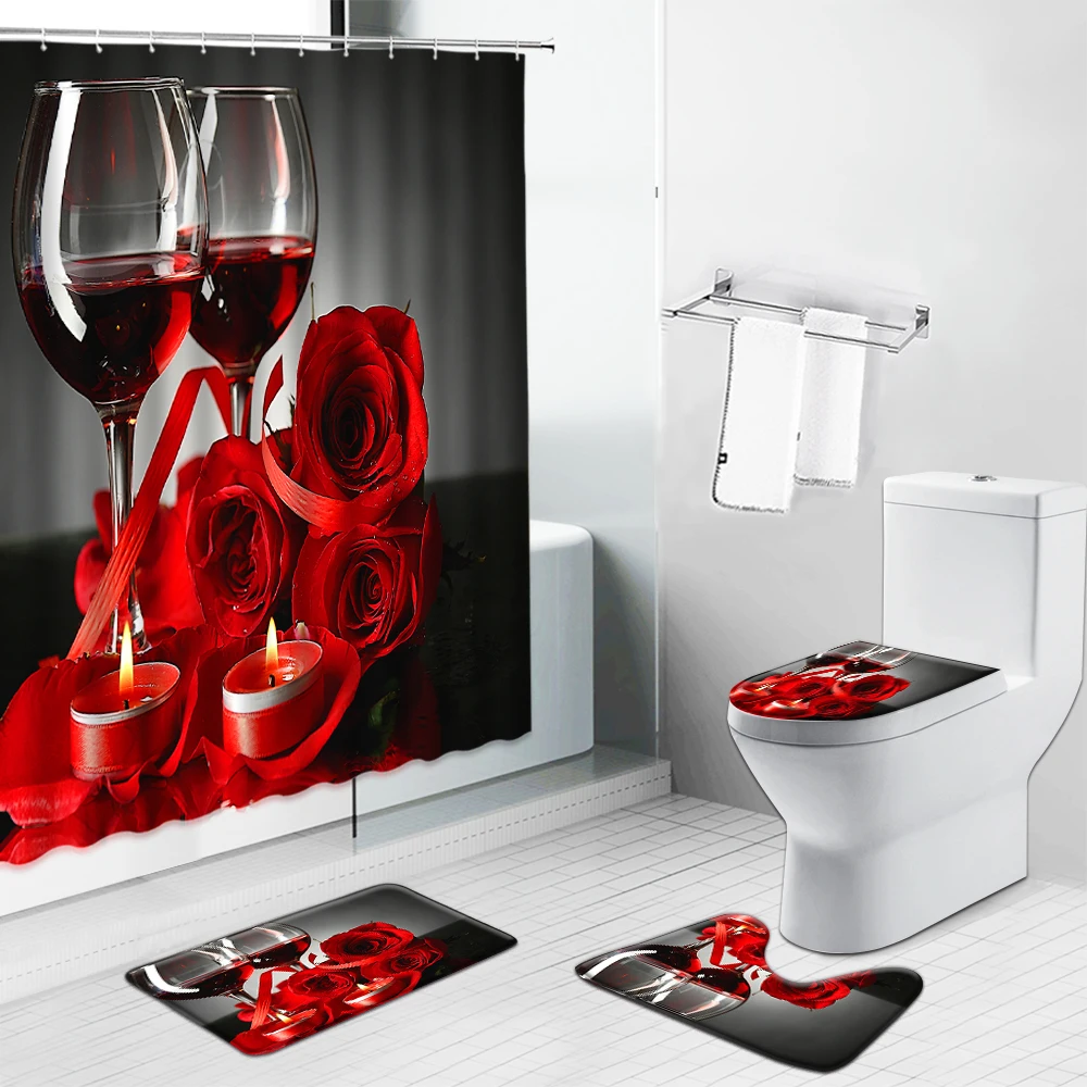 Valentine's Day Shower Curtain Toilet Cover Mat Rug Bathroom Non-slip 4PCS/Set 