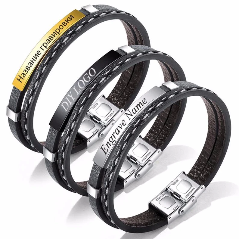

STAINLESS STEEL ROPE CHAIN LEATHER WRISTBAND BRACELET MEN CUSTOMIZED LASER ENGRAVING BRACELET BANGLE PERSONLIZED NAME ID TEXT