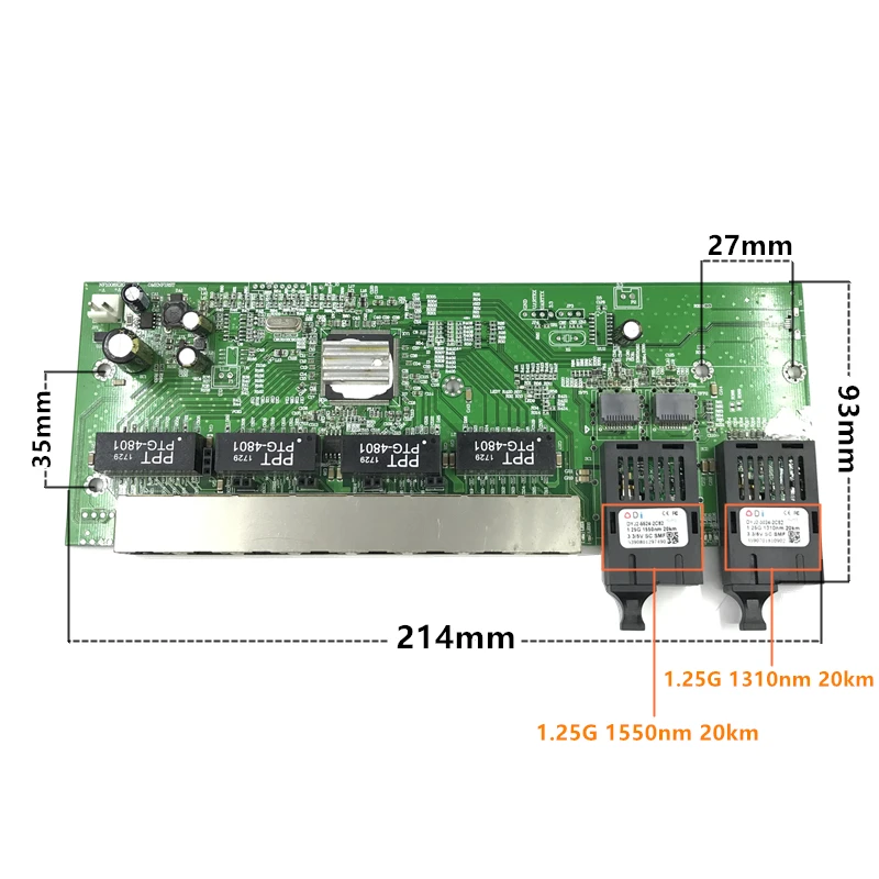 Обратный 10/100/1000 м гигабитный Ethernet коммутатор волоконно-оптический одномодовый 8 RJ45 и 2 SC волоконный материнский 1.25g 20 км