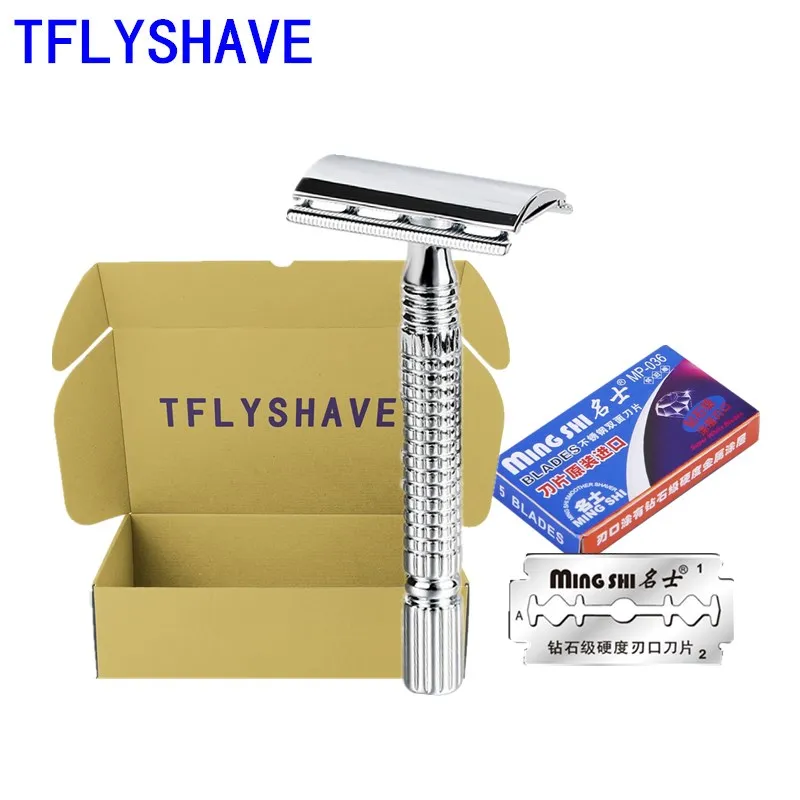 

TFLYSHAVE Men Shaver Short Handle Classic Safety Razor Double Edge Mens Shaving Pack Cure Handle 1 Razor 6 Blade Manual Shavers
