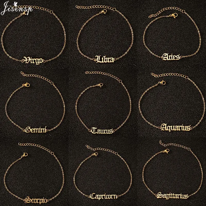 Jisensp Best Gift Old English Letter Zodiac Charm Anklet Vintage 12 Constellation Ankle Bracelet for Women Fashion Jewelry Jisensp Best Gift Old English Letter Zodiac Charm Anklet Vintage 12 Constellation Ankle Bracelet for Women Fashion Jewelry