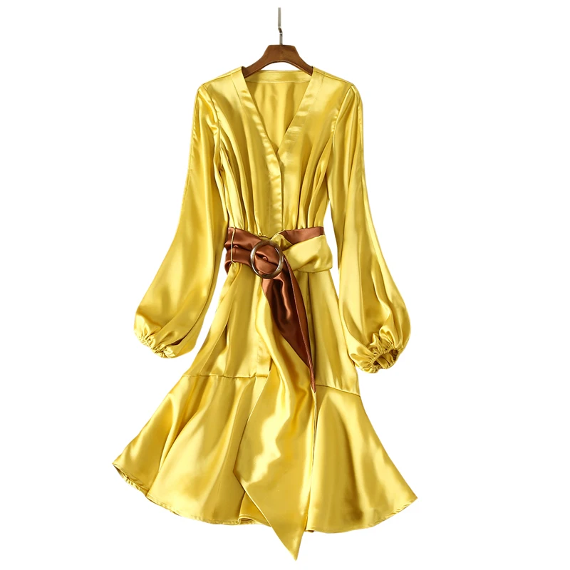 Дизайнерская Женская одежда, роскошное яркое желтое платье с v-образным вырезом, фонарь, длинный рукав, пряжка, пояс, длина до колен, женское рождественское платье