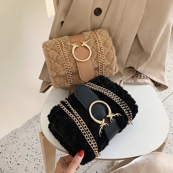 

Luxury Female Brand Square Bag 2019 Winter New Quality Soft Plush Women's Designer Handbag Lock Chain Shoulder Messenger Bags