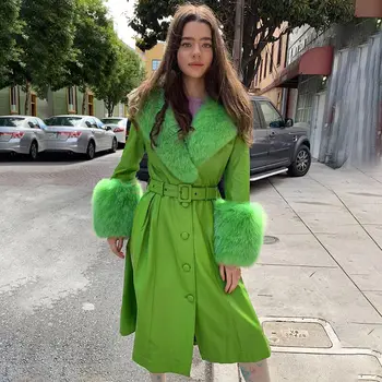 

New Fashion Hot Selling Women Dress PU Leather Dress High Quality Wool Green V Neck Long Sleeve Dress Outfit Wholesale Jacket