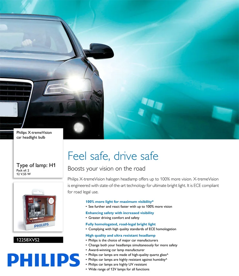 Philips H1 12В 55 Вт P14.5s X-treme Vision авто фары яркие галогенные лампы ECE утвердить видение 12258XV S2, пара