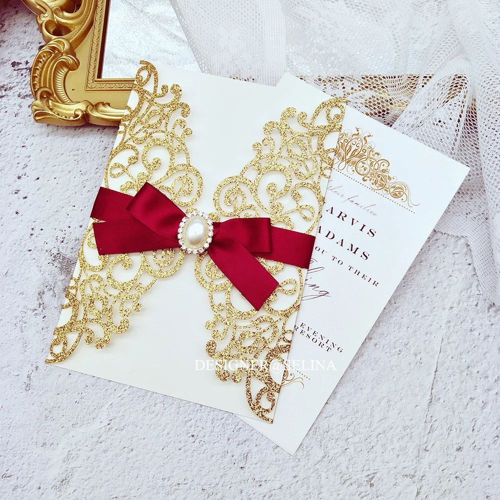 Gold Glitter Invitations for Wedding Party, Floral, Silver, Red, Champagne,  Bridal Shower Invites Pearl Rhinestone, 50X - AliExpress, image size:1000x1000