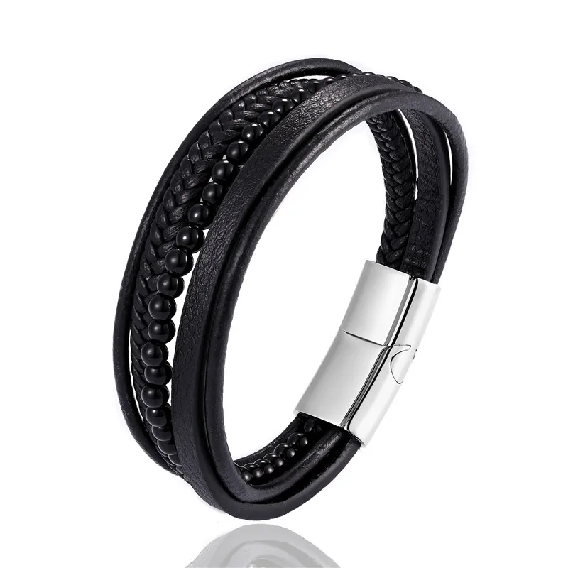MKENDN Fashion Male Jewelry Braided Leather Bracelet Red Tiger Eye Beads Bracelet Black Stainless Steel Magnetic Clasps Men Wris - Окраска металла: Silver Agate