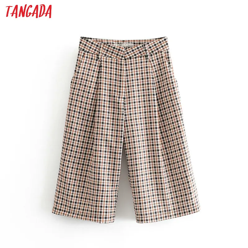 

Tangada fashion women vintage plaid pattern pants trousers pockets buttons 2019 lady knee length pants pantalon 6A163