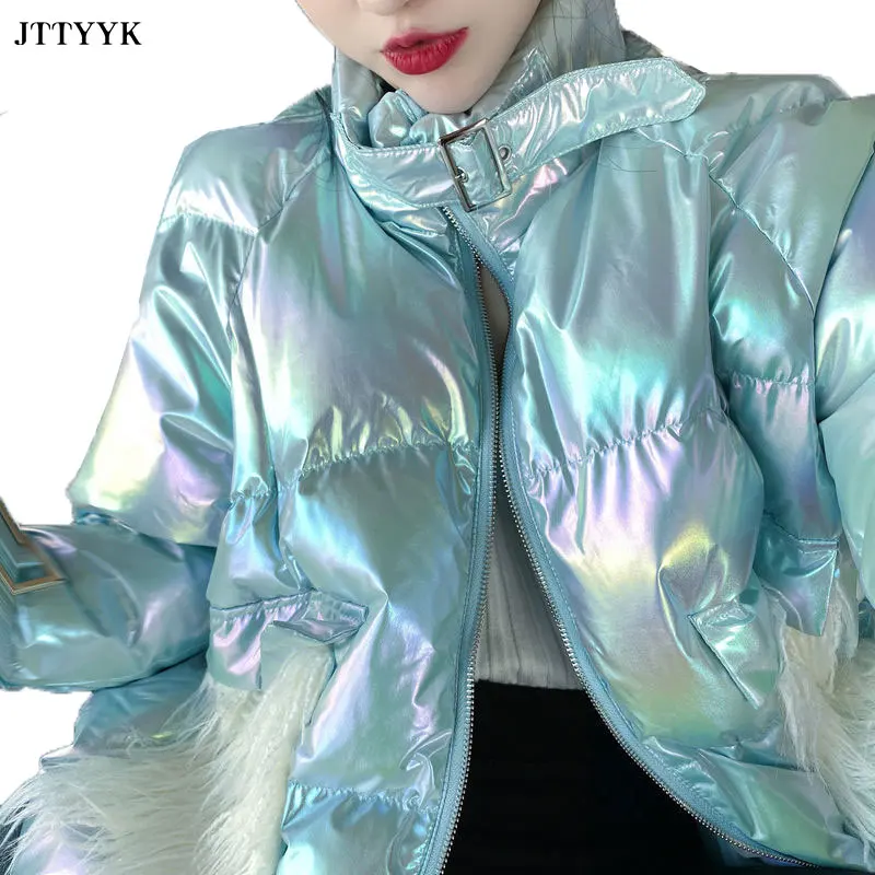 

Short Colorful Glossy Parka Cotton Jacket Womens 2020 Winter Loose Stand Collar Personalized Pocket coat Women Casual Warm Coats
