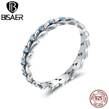 

BISAER Genuine 925 Sterling Silver Stackable Ring Wheat Wave & Clear CZ Finger Rings for Women Sterling Silver Jewelry GXR162