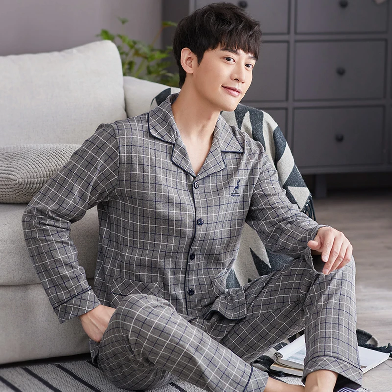 Winter 100% Cotton Pajamas Sets for Men 2 PCS Lounge Sleepwear Plaid Pijamas  Home Clothes Pure Cotton Pyjama Heren Men PJ Set