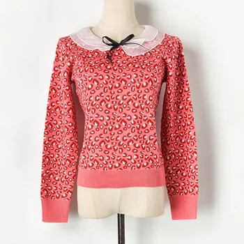 

Cute Doll Collar Leopard Pullovers Sweater 2019 Fall Long Sleeve Knitted Sweater Wool Blend Women Sweaters Pullovers Tops