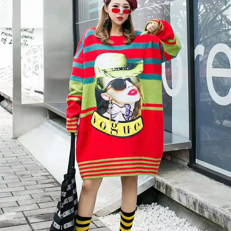 

Contrast Color Blocked Striped Sweater Dress Women Cartoon Patchwork Design Knitted Wear Dress Winter Plus Size Long Sweater
