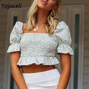 

Yojoceli squre neck floral print blouses shirt women boho beach cropped tops