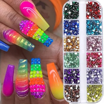 

12Grids/Set Colorful Crystal 2mm 3mm Nail Art Rhinestones Acrylic Nail Stones Flat Back Shiny Tips 3D Nails Art Decorations Tool