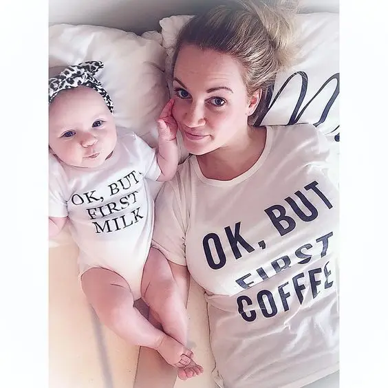 Mom and I Been Casual Family Matching T-shirts Outfits Ok But First Milk &amp Coffee Daughter Son Shirts | Мать и ребенок