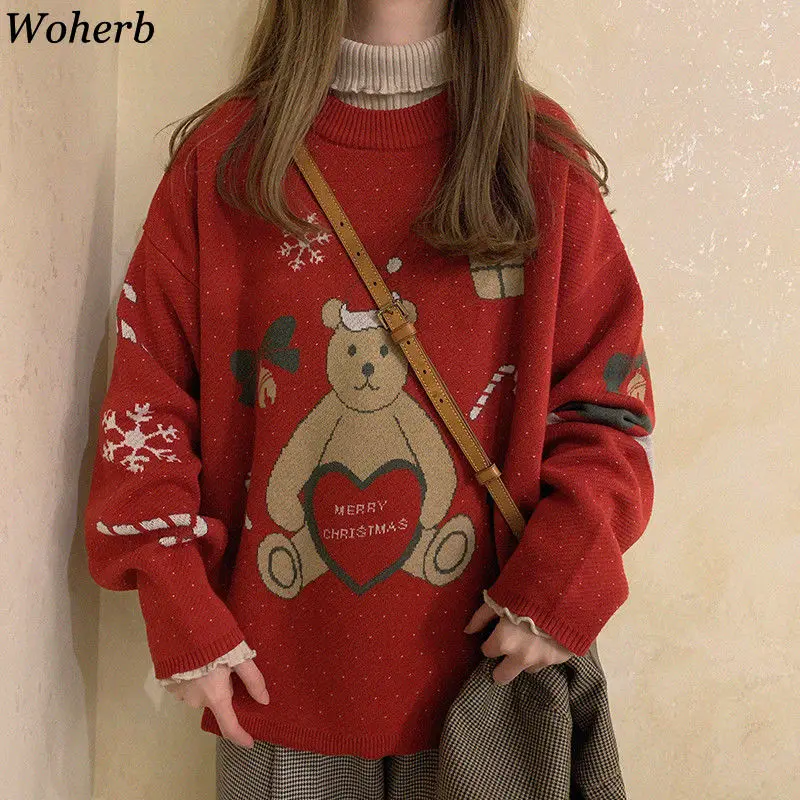 Woherb Harajuku негабаритных свитера для женщин осенне-зимняя одежда милый Рождественский свитер женский пуловер с рисунком в горошек Топы