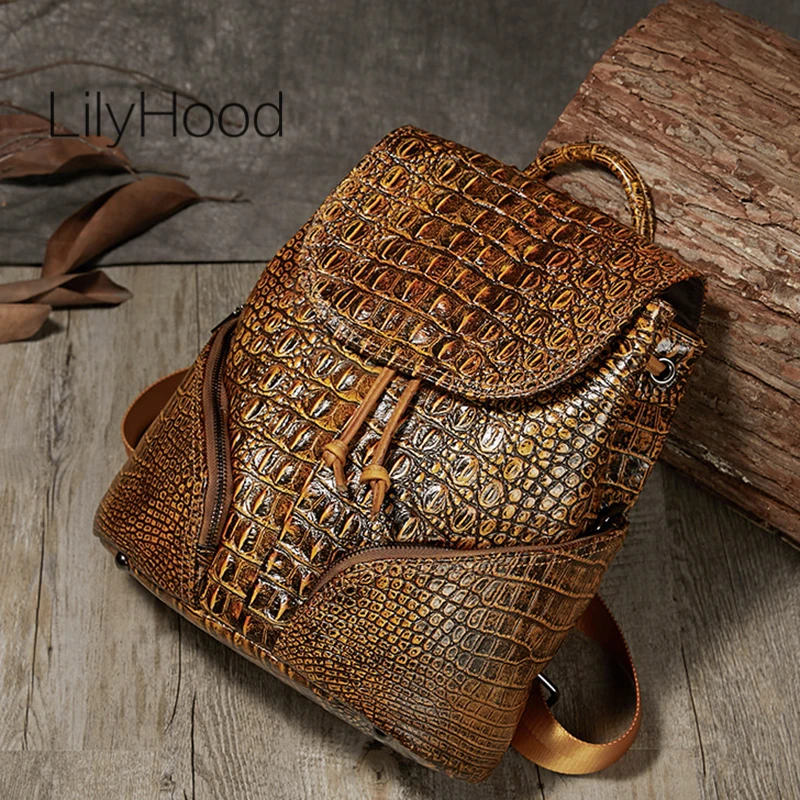 Alligator EMBOSSED Genuine Leather Backpack Women Small Size High Quality Natural Leather Knapsack Female Fashion Daily Packsack