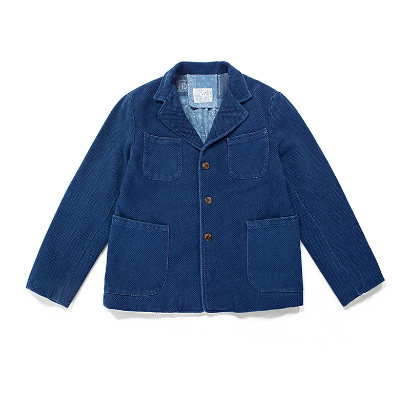

BADBOWL Indigo Jacket Men Handmade Plant Blue Dye Kendo Cotton Coat Retro Lapel Multi Pockets Thicken Jackets Casual Streetwear