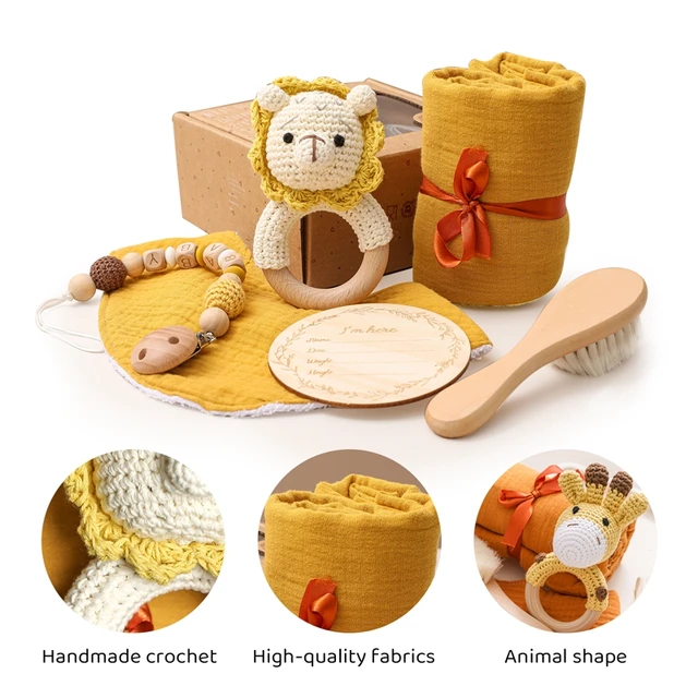 Serviette de bébé Nouveau-né Bain Jouet Set Cadeaux Boîte Double Face Coton  Couverture Bois Rattle Bracelet Crochet Jouets Bébé Bain Cadeau Produit