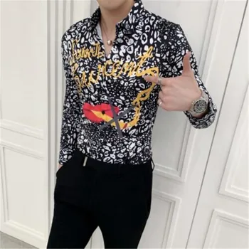 

Spring Summer Long Sleeve Slim Fit Shirts Night Club Chemise Homme Fashion Fun Pattern Print Flower Shirt Man Camisa Masculina