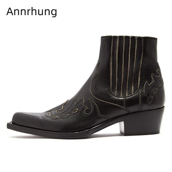 

British Style Genuine Leather Ankle Boots Men Sexy Pointed Toe Slip-on Runway Booties Med Heel Sewing Short Men Shoes