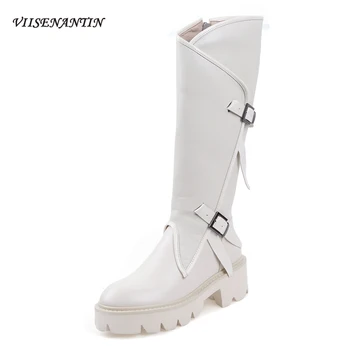 

New Winter Thick Heel Genuine Leather Long Tube Knee-high British Style Knight Boots Slim Platform Jagged Sole Buckle Shoes Girl