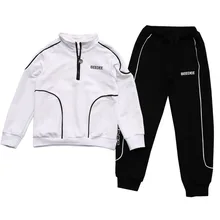 Комплект одежды, одежда для мальчиков, детская спортивная одежда, черно-белый полосатый костюм с воротником-стойкой на весну и осень