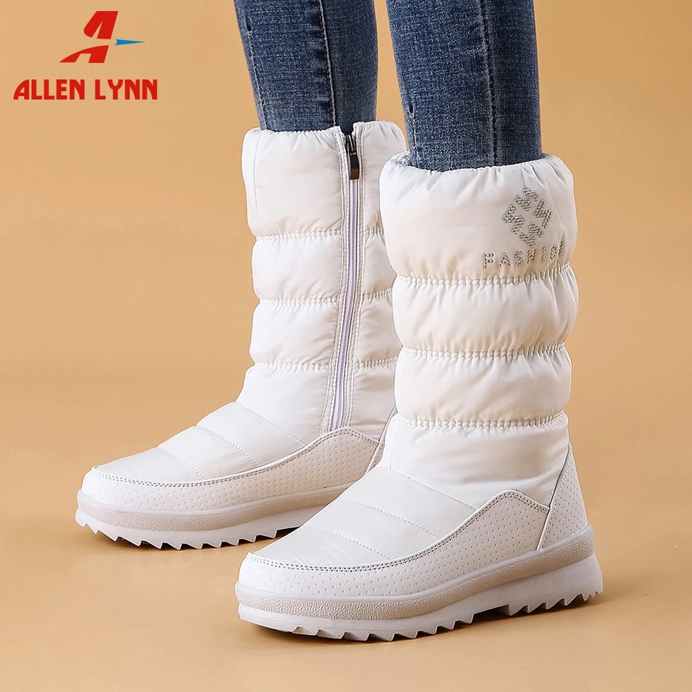 

ALLENLYNN winter snow boots for women warm add fur boots woman students flat platform zip boots white black shoes woman 36-41