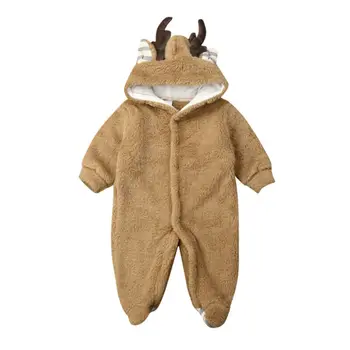 

Cute Newborn Baby Girl Boy Antlers Hooded Romper Furry Long Sleeve Hooded Plush Jumpsuit Winter Warm Baby Xmas Clothes 0-18M