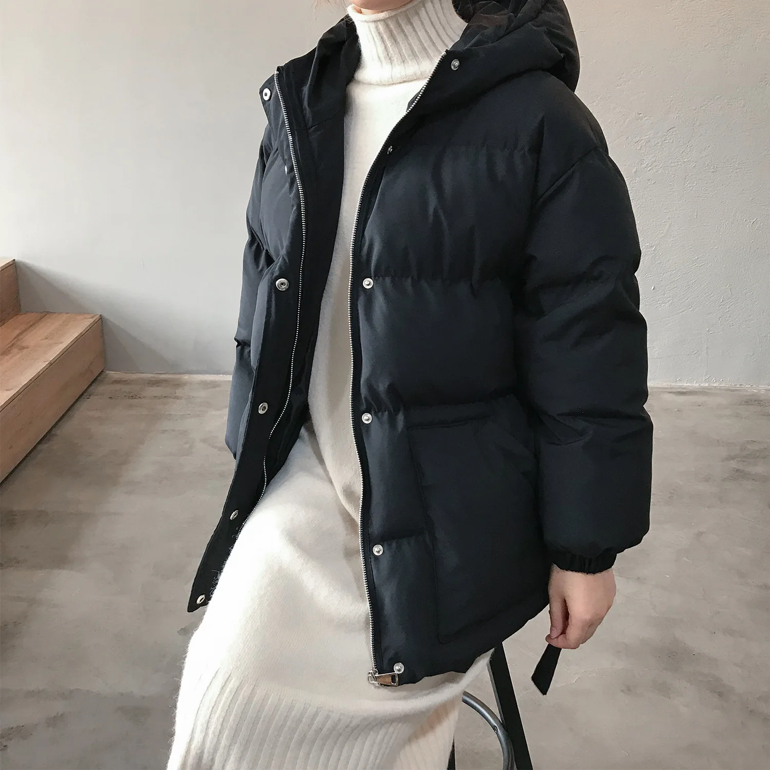 winter Korean version loose student hooded cotton coat women's waist warm bread jacket women jacket