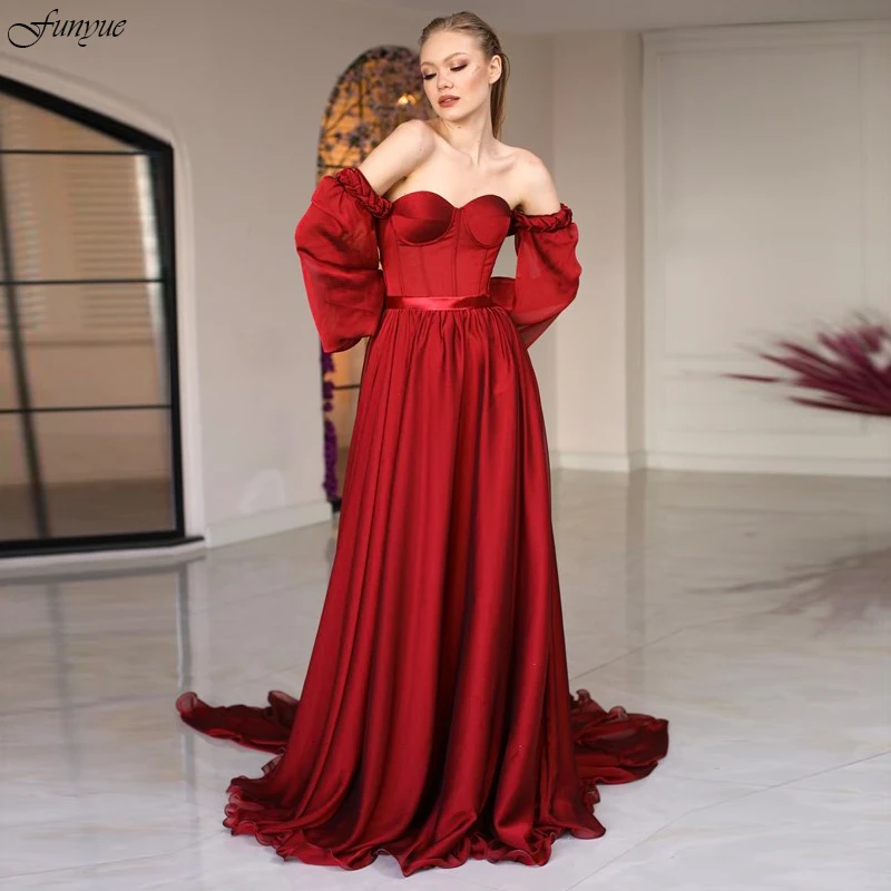 

Funyue Burgundy Sweetheart Prom Dresses A-Line Evening Gowns Sexy Off the Shoulder Formal Dress with Sleeves Vestidos De Fiesta