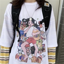 Корейская женская Винтажная футболка с забавным мультяшным принтом ins Harajuku с длинными рукавами, модная свободная повседневная женская футболка с круглым вырезом