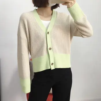 

2020 Spring Women V-neck Cardigan lady Long sleeve jacquard single-breasted short coat female color patchwork knitwear top