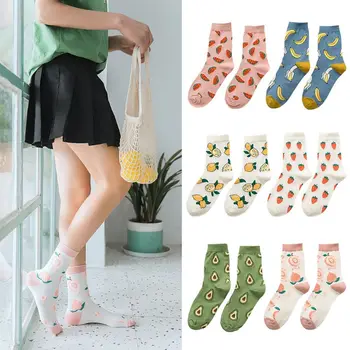 

Japanese Style Women Girls Cotton Ankle Socks Sweet Candy Color Peach Avocado Fruits Printed Summer Street Mid Tube Hosiery