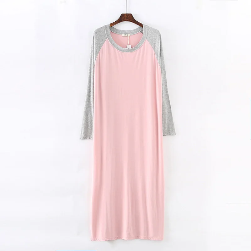 Осень сплошной один размер свободного размера плюс длинный рукав круглый вырез ночная рубашка женское 7 цветов gecelik пижамы Nuisette Femme De Nuit - Цвет: pink and gray