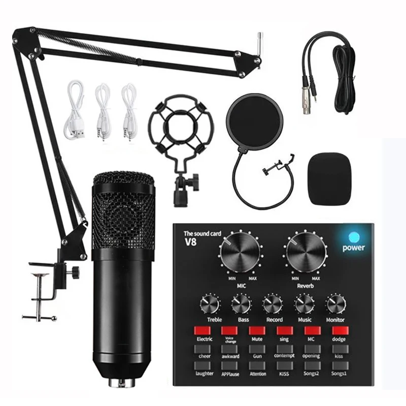 studio microphone BM 800 Professional Audio V8 Sound Card Set BM800 Mic Studio Condenser Microphone for Karaoke Podcast Recording Live Streaming usb microphone Microphones