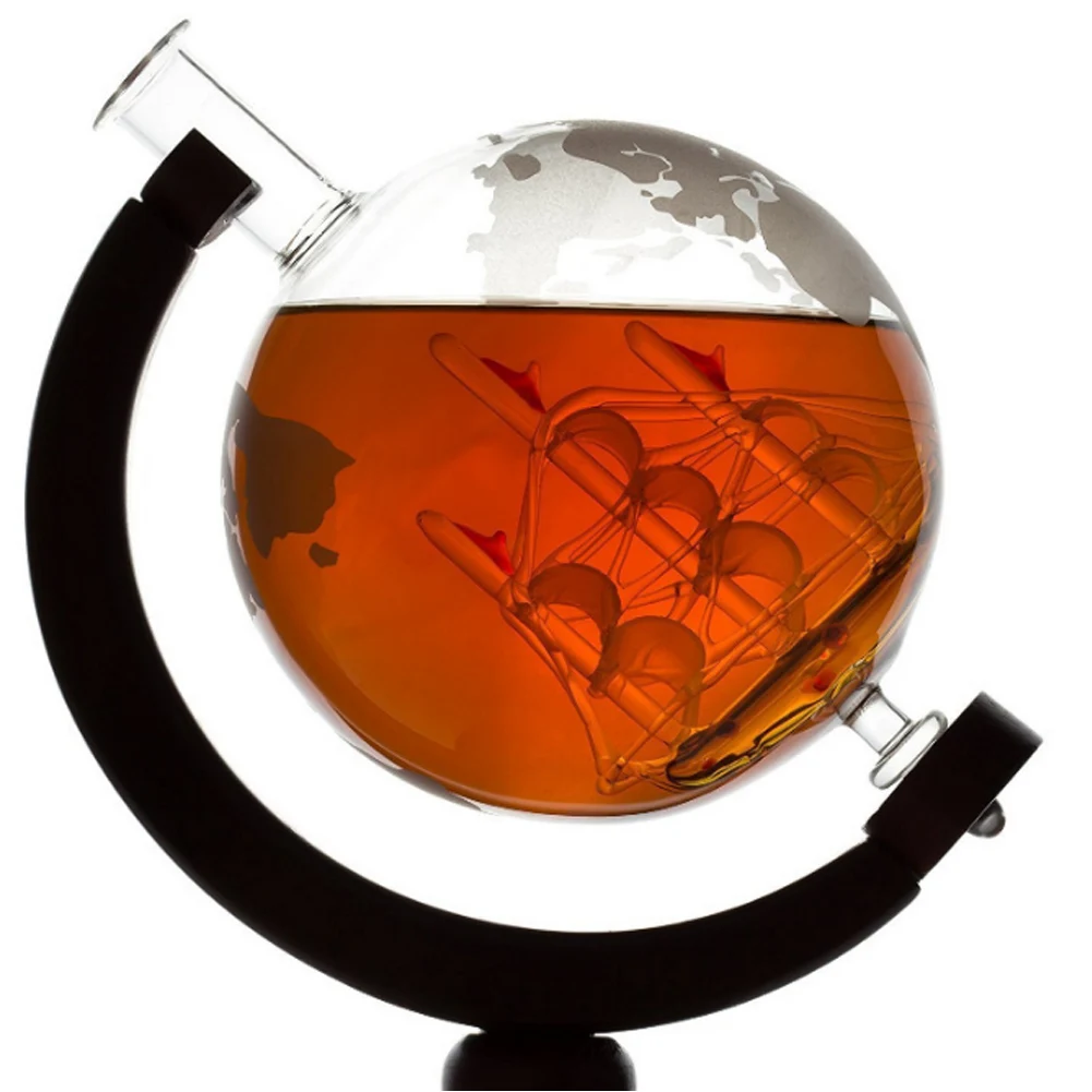 Горячая гравированный Глобус дизайн графин 850 мл виски вино графин с деревянной рамкой для домашнего бара 688