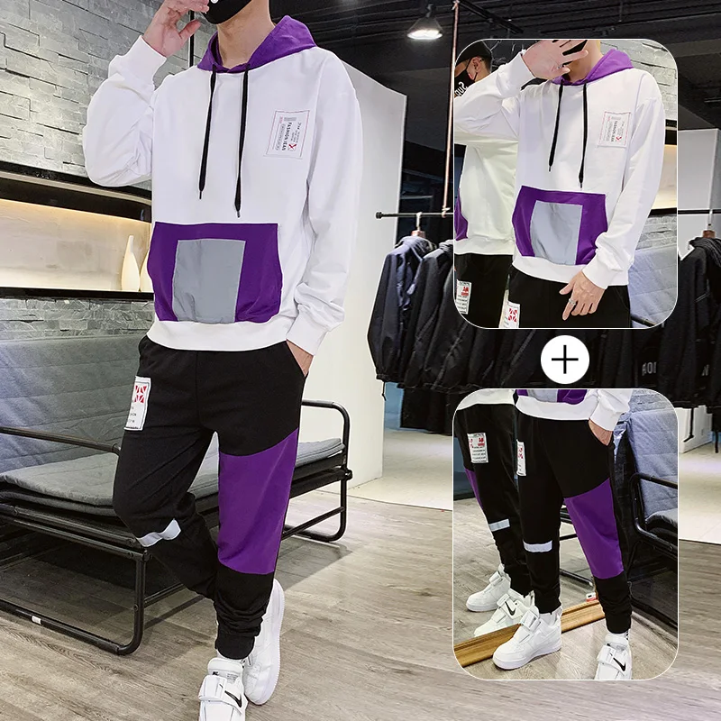 

Purple Man Tracksuit Cotton for Spring Autumn Hooded Tracksuit for Men 2 Pieces Set Hoodies Sweatsuits Ropa De Hombre 2020 Hot