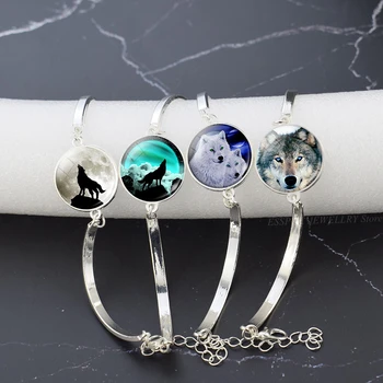 

Full Moon White Wolf Bangle Glass Cabochon Animal Jewelry Fashion Bracelet Chain Women Gift Dropshipping