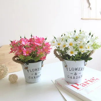 

Vintage Little Daisies Artificial Flower Pot Home Office Desktop Vintage Style Daisies Fake Floral Decor Potted Plant