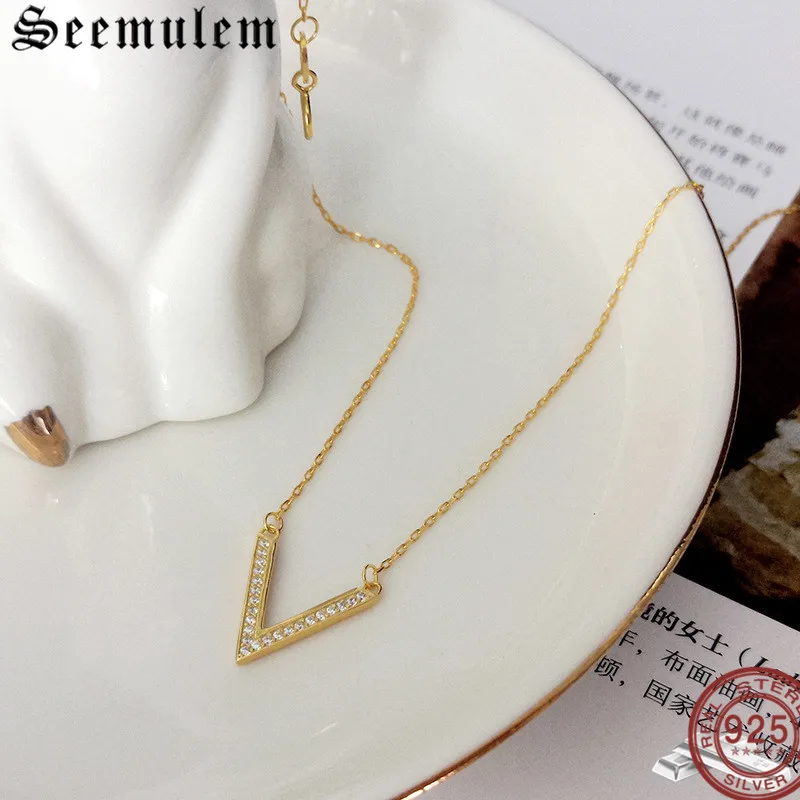 Seemulem 2019 короткая элегантная Буква V ожерелье с цирконом 925 настоящие серебряные