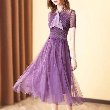 

Dress Women Summer Plus Size 2020 Fashion V Neck Short Sleeve Stretch Miyake Pleats Mesh Patchwork Slim Black Purple Dress