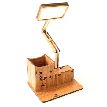 

LED Desk Lamp Rechargeable with Brush Pot & Phone Holder Base Wooden Vintage Deco Dimmer Study Table Lamps for the Bedroom